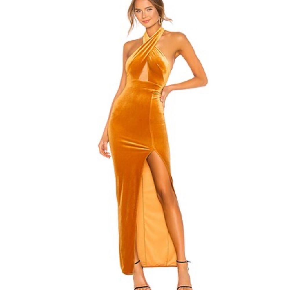 NWOT MICHAEL COSTELLO X REVOLVE Presley Gown in Mustard Velvet Dress Halter Neck